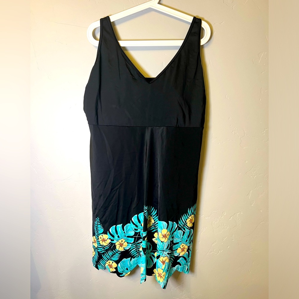 Swimsuits For All Black One-Piece Swim Dress with Teal & Yellow Floral Hem